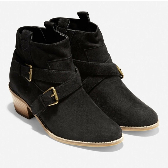 Cole Haan Jensynn Ankle Boots Black Suede Fashion Booties Block Heel Booties 8 - Picture 2 of 15